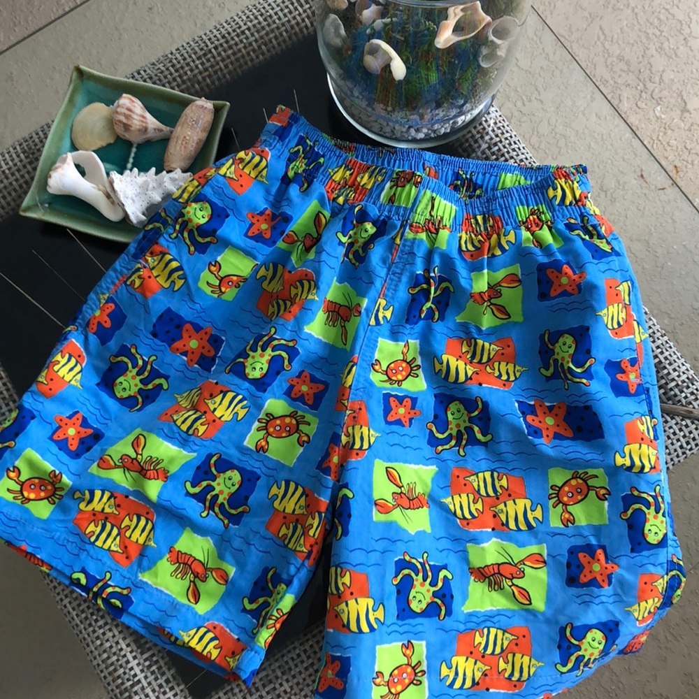 Boys fish lobster print blue swim trunks size 7 never worn